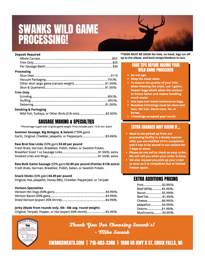 Wild Game Processing Swank's Meats